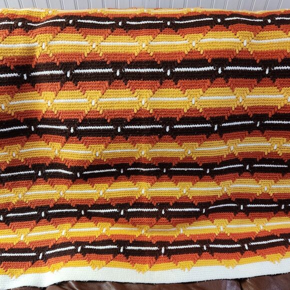 Vtg Handmade Afghan Crochet Retro Sofa Cover Diamond Stitch Stripe Blanket 43x71 - Picture 2 of 14